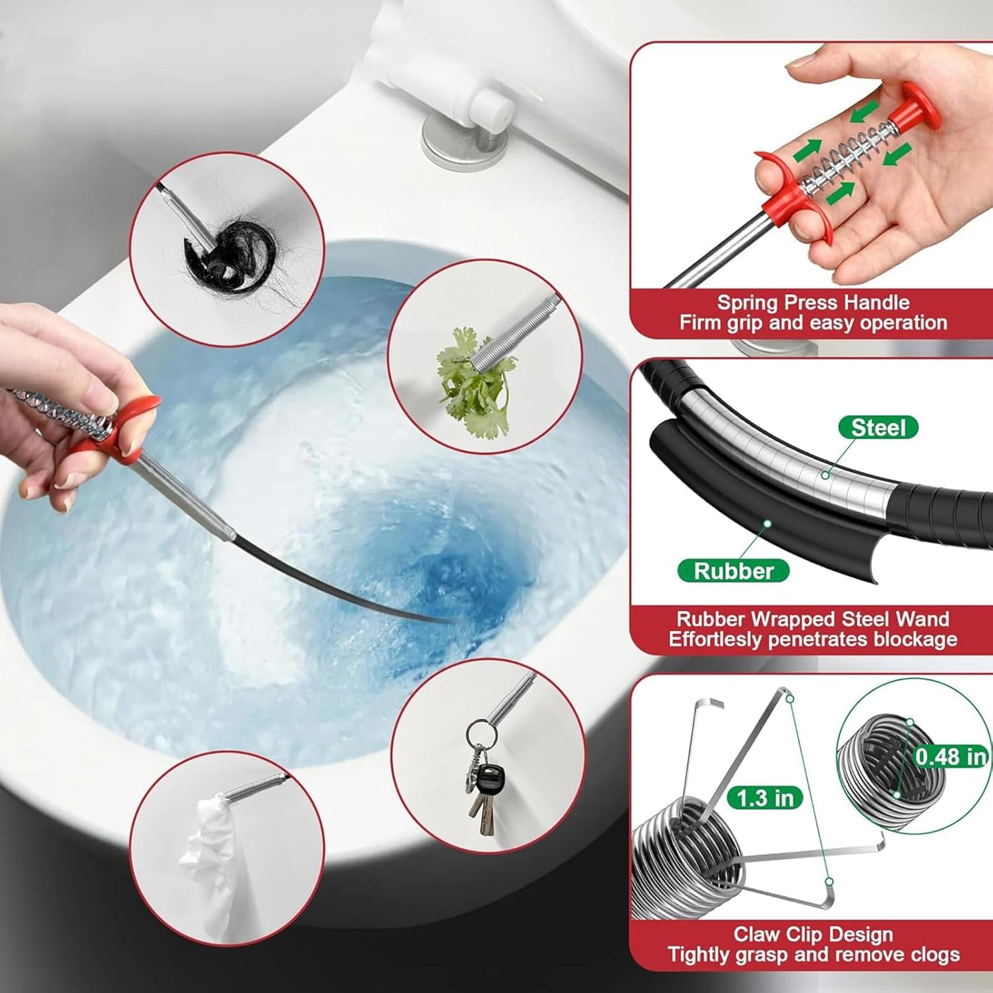 Upgrade 33 Inch Drain Snake Clog Remover with Stronger Claw, Flexible Grabber Tool with Bonus 60 Inch Drain Brush