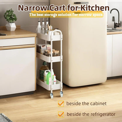 3 Tier Slim Metal Rolling Storage Cart for Laundry Room & Kitchen Organizer, 7.1'' Thin Standing Shelf for Narrow Spaces, Utility Cart with Wheels & Lockable Casters for Bathroom, Black