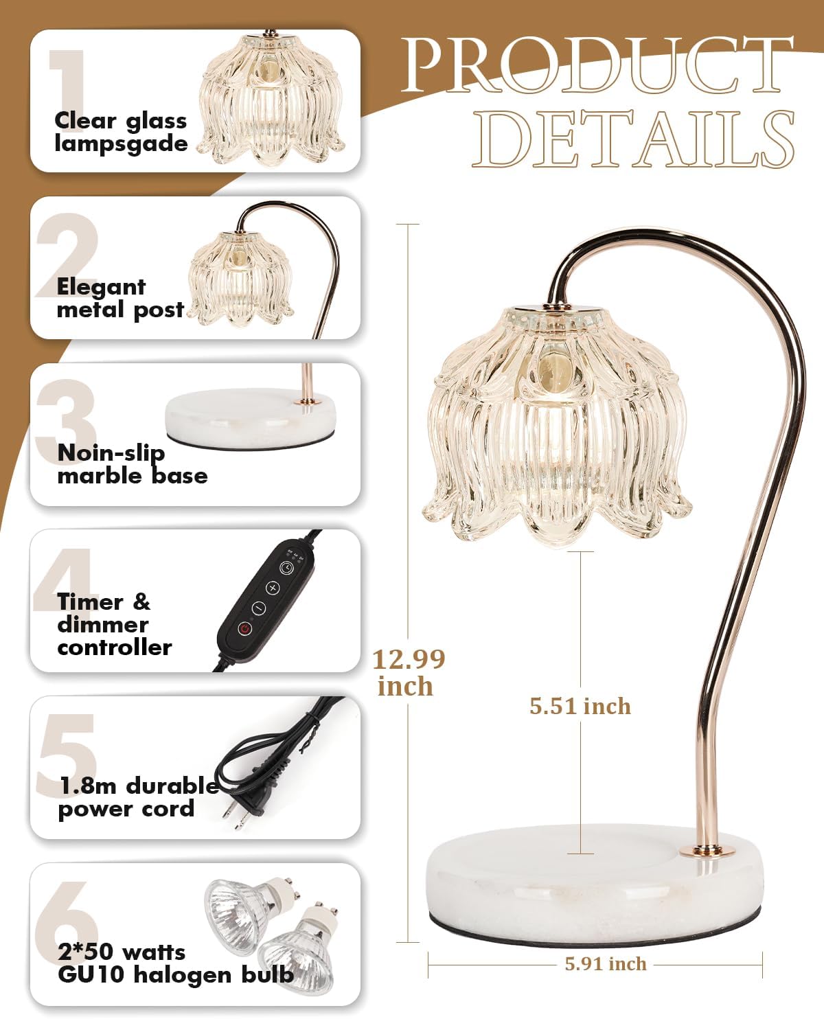 Funistree Flower Candle Warmer Lamp with Timer & Dimmer, Adjustable Height Candle Warmer, Christmas Birthday Gifts for Women Mom, House Warming New Home Decor, Wax Warmer with 2 Bulbs for Jar Candles