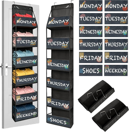 2 Pack Weekly Clothes Organizer for Kids, 6 Shelf Hanging Closet Organizer with Clear Window, Foldable Days of the Week Over the Door Outfit Organizer with Labels for Closet School