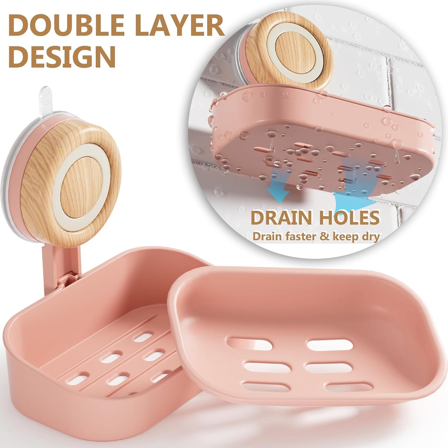 Double Layer Soap Dish for Shower 2 Pack, Wall Mounted Bar Soap Holder Suction Cup 2 Layer Self Draining Soap Case Sponge Holder for Shower Bathroom, Tub and Kitchen Sink, Drill-Free Tray