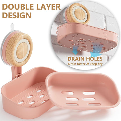 Double Layer Soap Dish for Shower 2 Pack, Wall Mounted Bar Soap Holder Suction Cup 2 Layer Self Draining Soap Case Sponge Holder for Shower Bathroom, Tub and Kitchen Sink, Drill-Free Tray