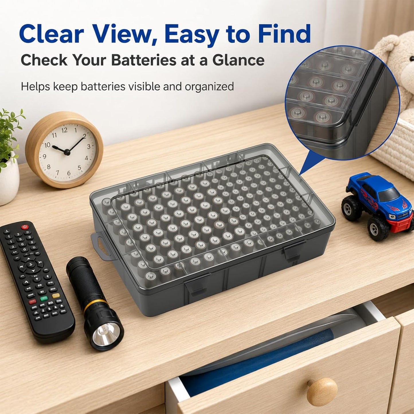 Xuerdon Battery Organizer Case with BT168 Tester 120+ Batteries Storage Box | Clear Plastic Battery Box Holds 49AA 51AAA 10CR2032 10CR1632 Batteries, Wall Mount Drawer Organizer Batteries not Included