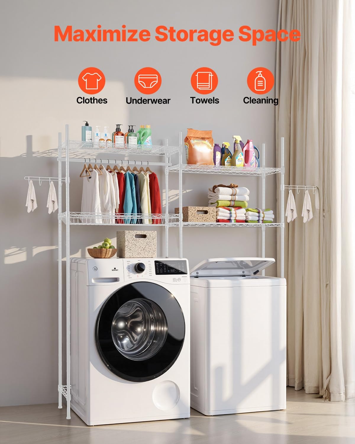 VEVOR Over The Washer and Dryer Storage Shelf, 3 Tier Laundry Room Drying Rack with Hanger Rod and Hooks, Adjustable Over Washer and Dryer Shelves, Laundry Room Shelf Storage Space Saver, Black
