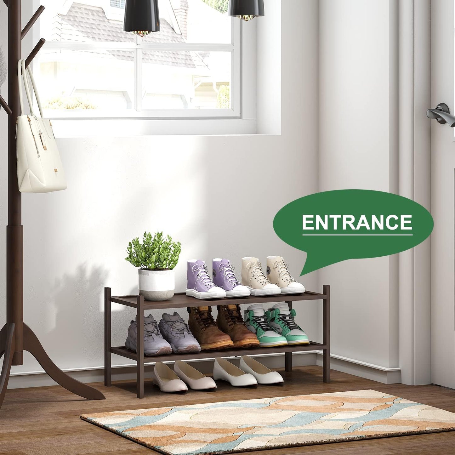kiplant Small Shoe Rack, 4-Tier Bamboo Wood Shoe Rack for Entryway, Stackable Shoe Organizer for Hallway Closet, Free Standing Shoe Racks for Indoor & Outdoor