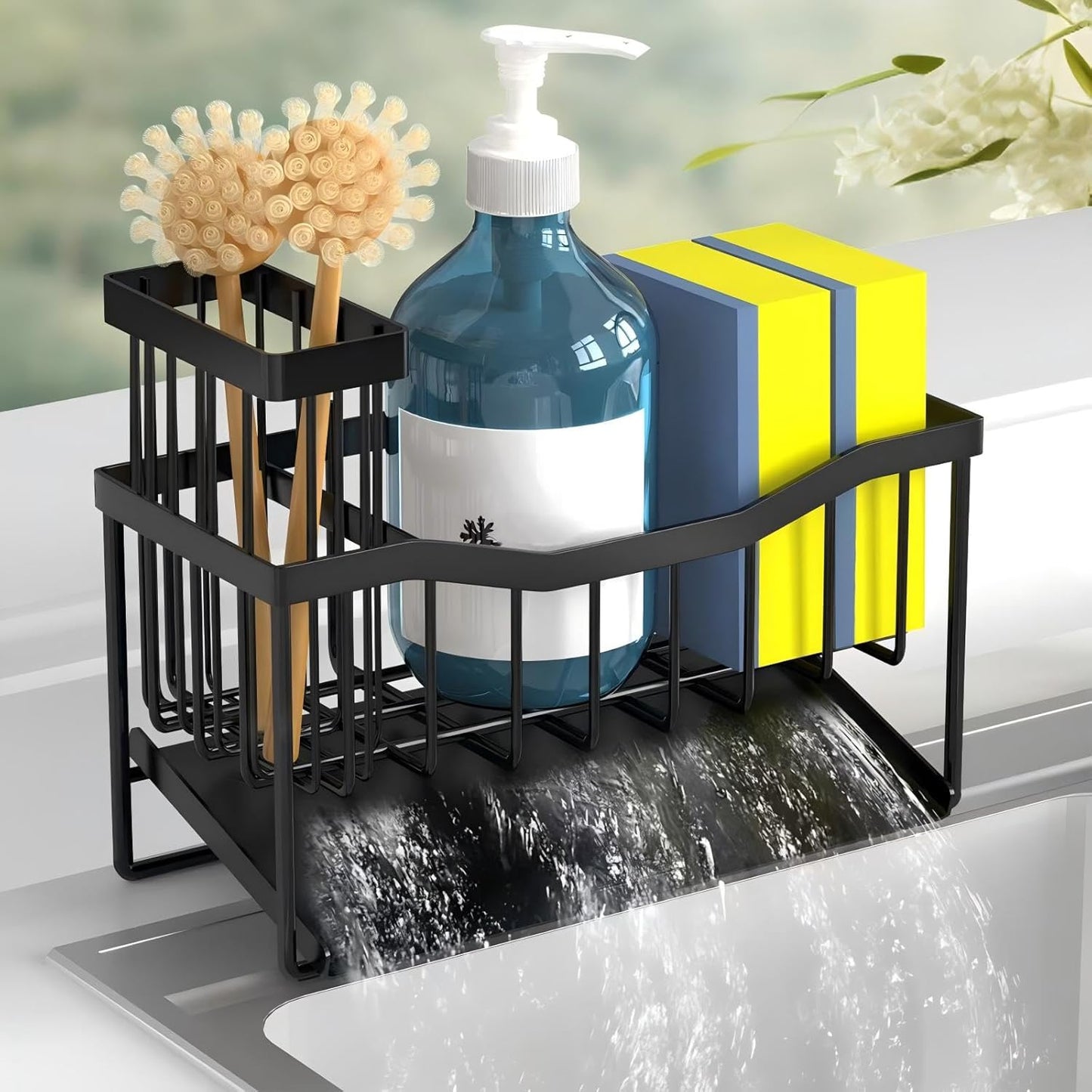 Maifan Sink Caddy Sponge Holder for Kitchen with Brush Holder and Stainless Steel Self Drain Tray, Rustproof Kitchen Sink Organizer for Sponge, Soap Dispenser Storage Accessories (Lacquer Silver)