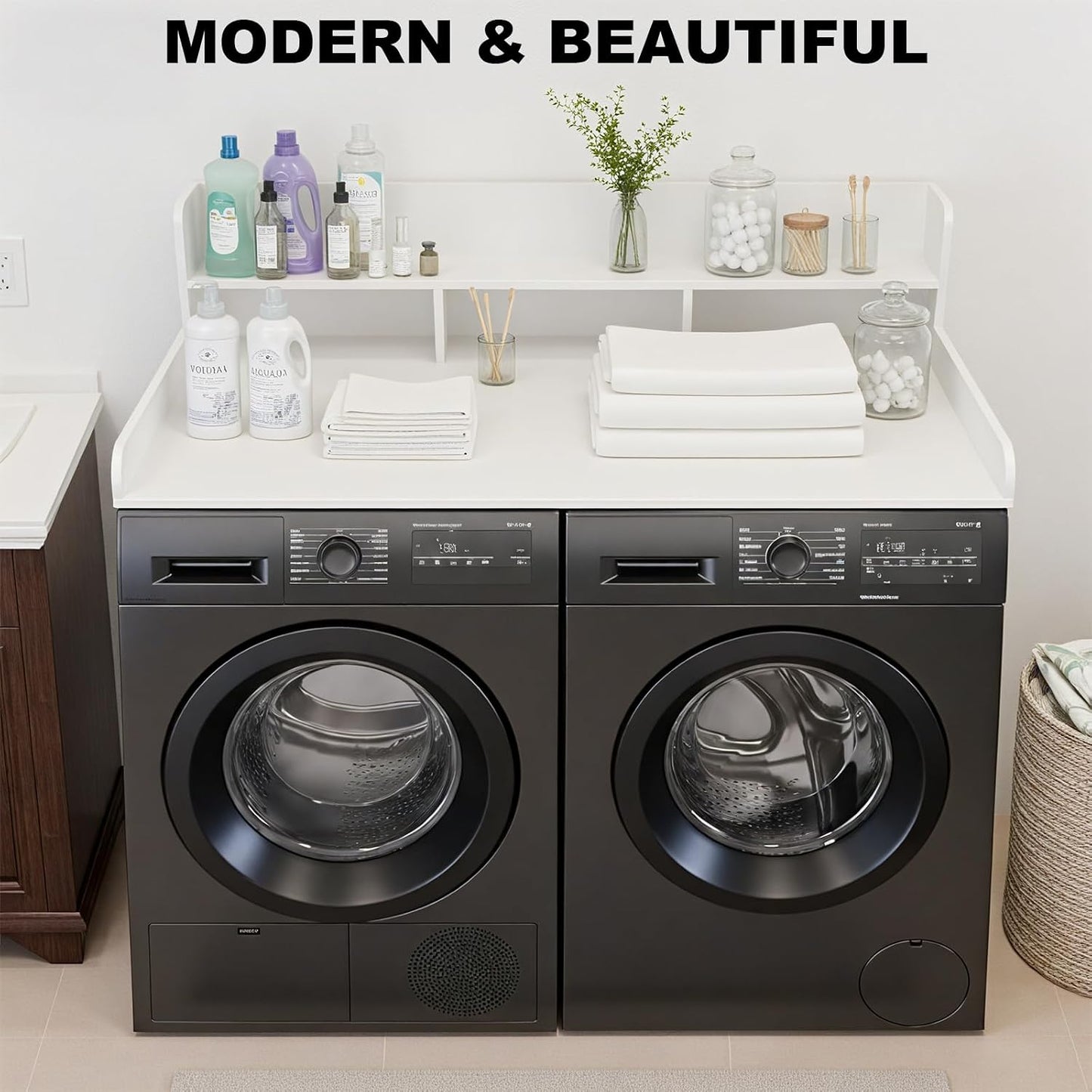 Washer Dryer Countertop with Shelf, 2-Tier Laundry Countertop Over Washer and Dryer, 54" x 27.55" Wooden Table for Folding Clothes for Laundry Room Organization and Storage (Black)