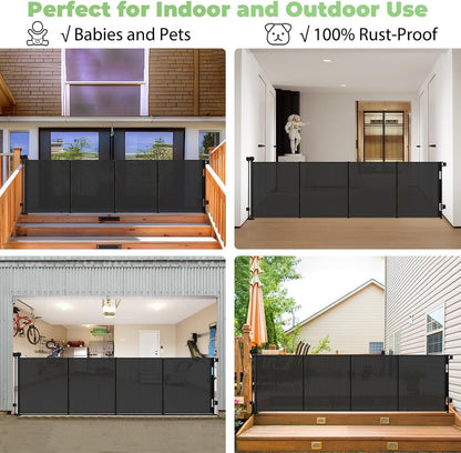 Reinforced 60" Wide Retractable Baby Gates with Upgraded Rods - Bottom Anti-Escape, 5 ft Mesh Baby Gate Retractable Dog Gate Indoor Pet Gate Retractable Stair Gate Outdoor Retractable Gate, Black