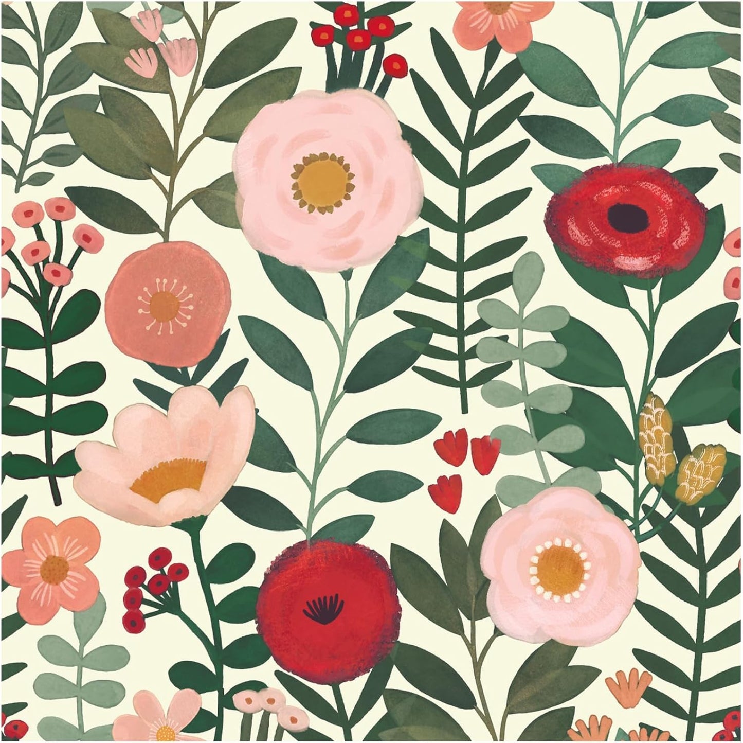 HAOKHOME Floral Peel and Stick Wallpaper Boho Vintage Wall Paper Removable for Bathroom Nursery Beige/Pink/Red Contact Paper 17.3in x 9.8ft