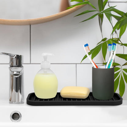 Zulay Kitchen (9x3.5in) Sponge Holder for Kitchen Sink - Flexible Heavy-Duty Multipurpose Sink Caddy - Counter Organizer for Kitchen, Bathroom, Makeup, Trinkets & More! (Grey)