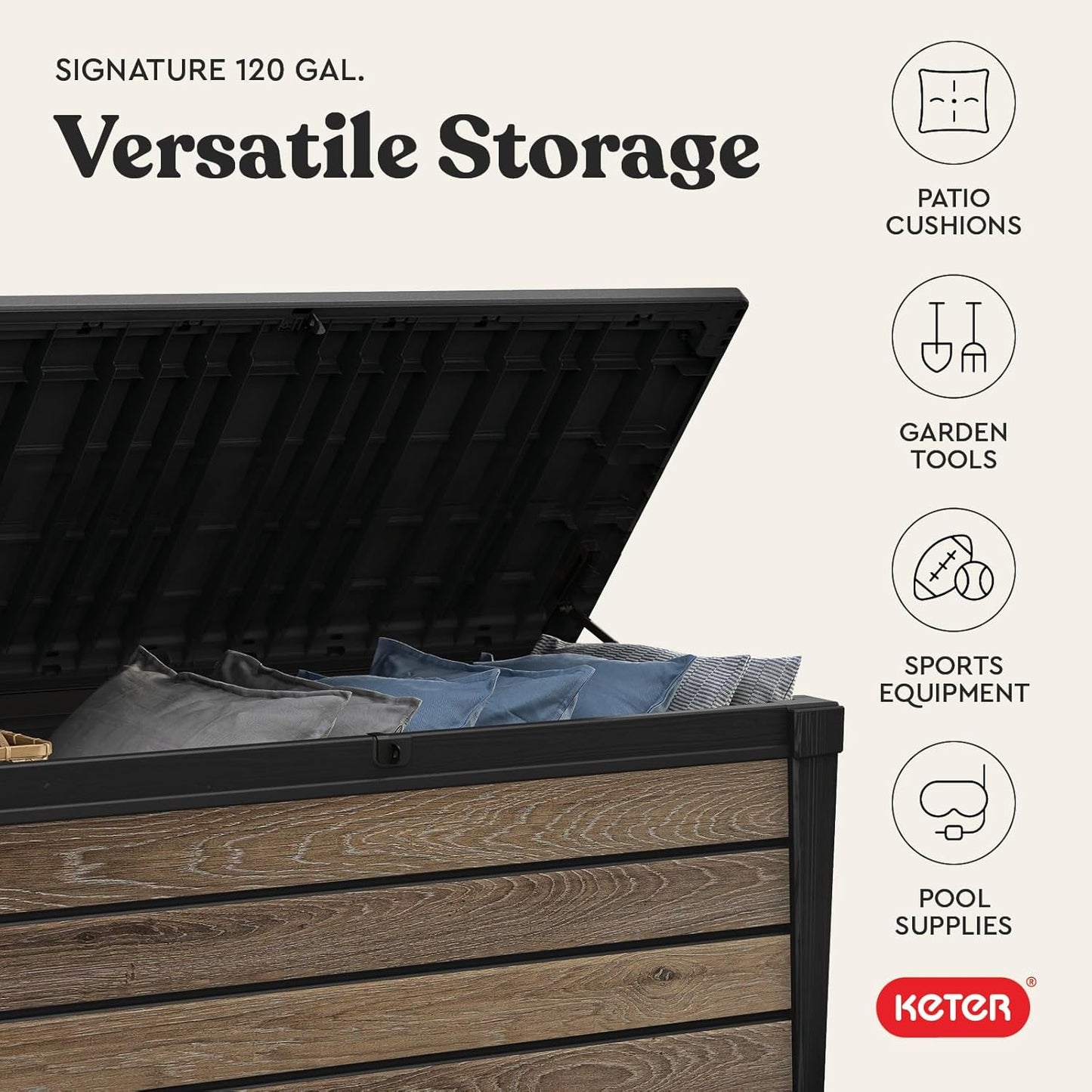 Keter Signature Everwood 30 Gallon Resin Outdoor Storage Box and Patio Furniture Side Table for Pool and Garden Accessories, Walnut