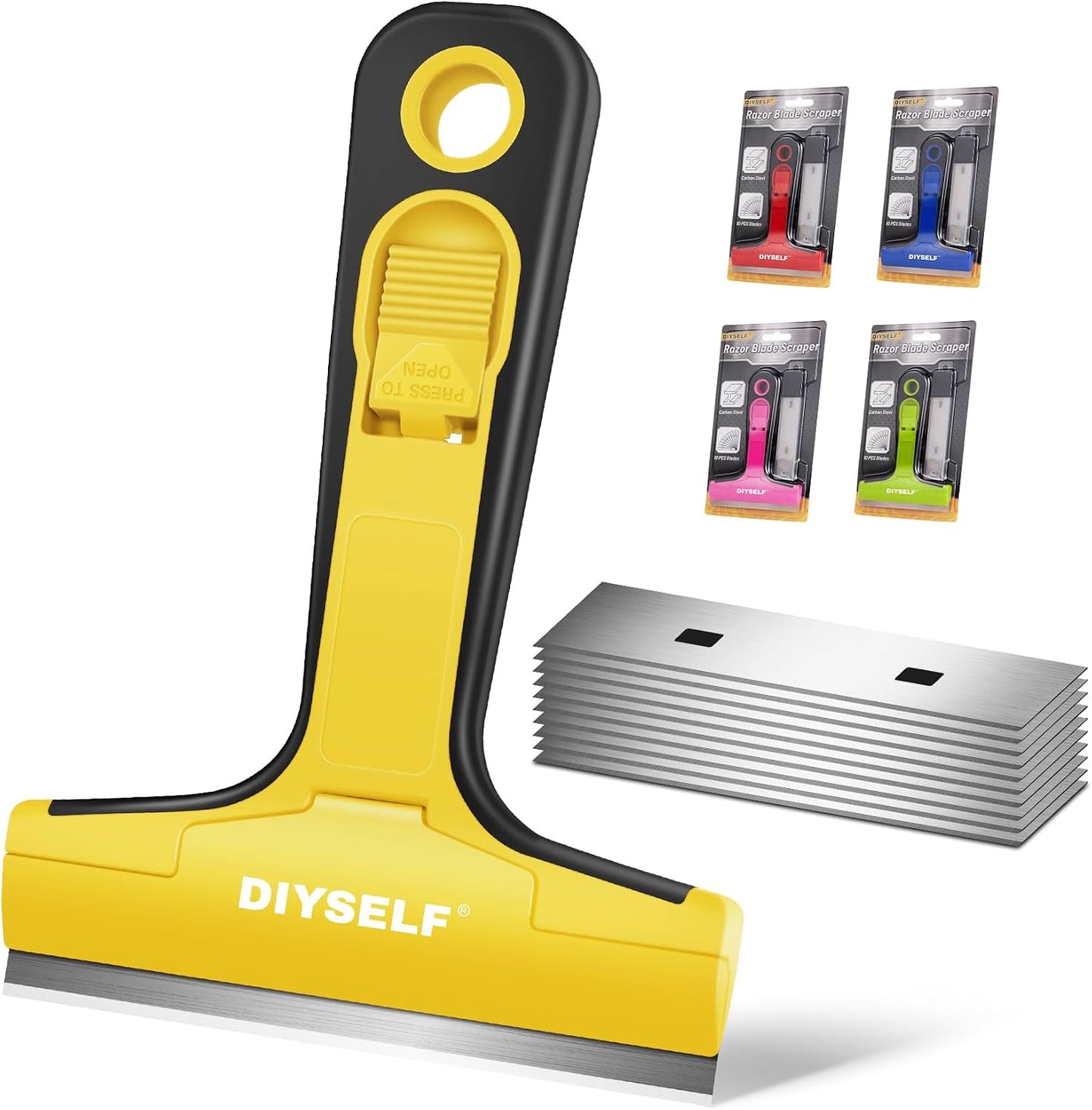 DIYSELF Razor Blade Scraper, 1 Pack Scraper Tool with 10pcs 4-Inch Blades, Razor Scraper for Cleaning Glass, Window, Stove Top, Oven, Kitchen, Cooktop, Shower Door, Sticky Residue, Tile, Wallpaper