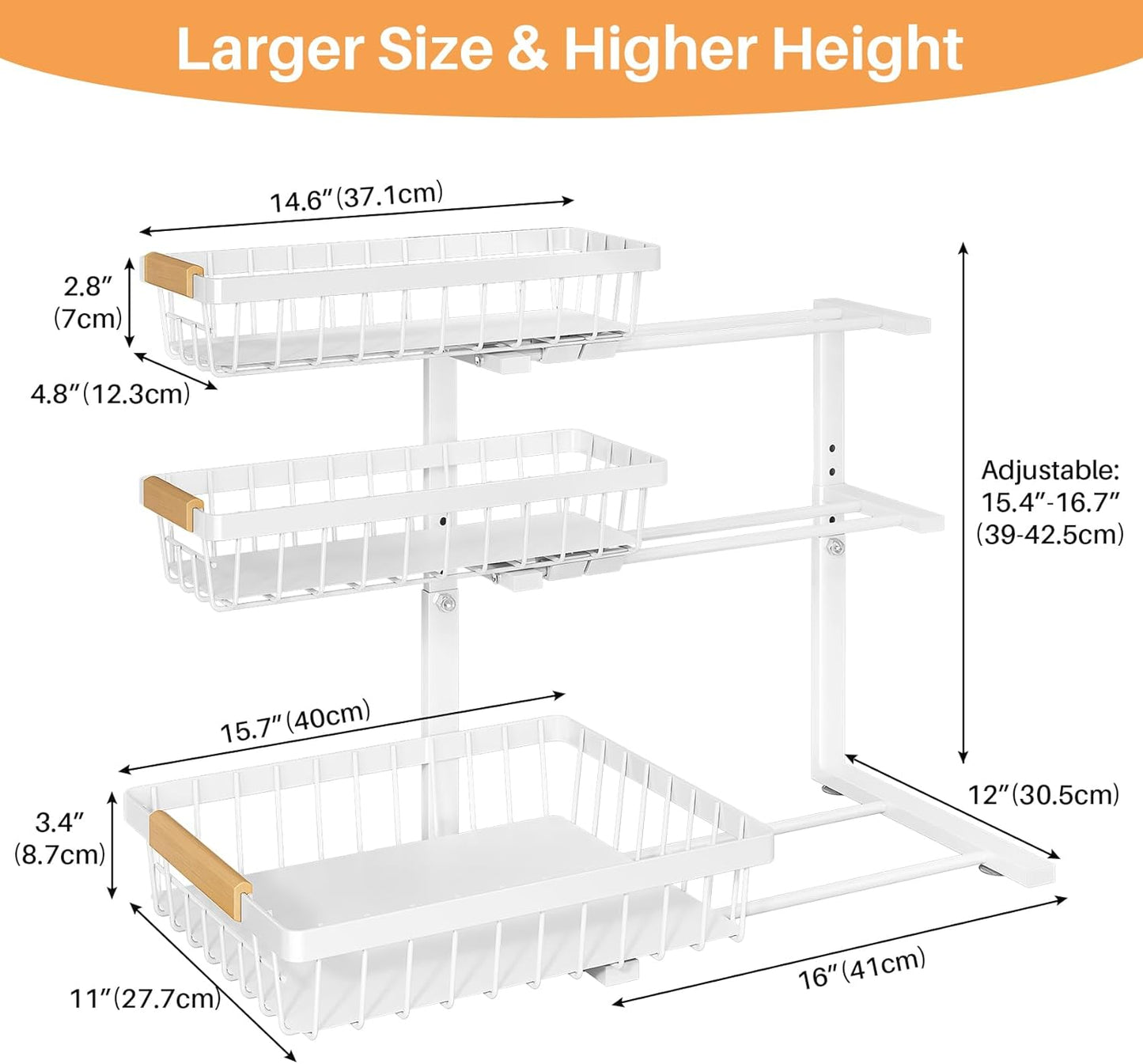 PXRACK Under Sink Organizer, 3-Tier 2-Pack Adjustable Height Pull Out Under Cabinet Organizer, Slide Out Thickened Metal Under Sink Storage for Kitchen Bathroom Laundry Pantry Organization, Black