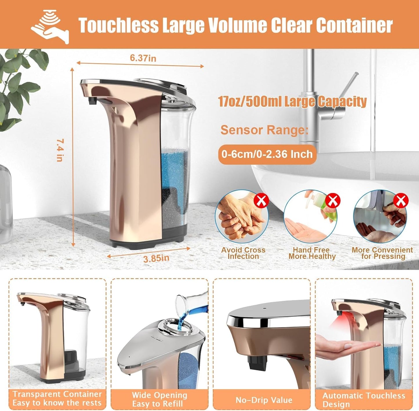 PZOTRUF Automatic Soap Dispenser, Touchless Dish Soap Dispenser 17oz/500ml with Infrared Sensor, 5 Adjustable Soap Dispensing Levels, Liquid Hand Dispenser for Bathroom Kitchen Sink (Silver)