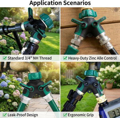 2 Way Garden Hose Splitter, Heavy Duty Metal Y Hose Connector with Shut Off Valves, Dual Outlet Water Spigot Splitter for 3/4" Garden Hose, Leak-Proof Design with Rubberized Grips