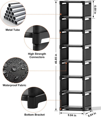 Narrow Shoe Rack 8 Tier, Slim Vertical Shoe Organizer for Small Spaces, Stackable Shoe Storage Shelf with Metal Frame & Fabric Shelves, Shoe Rack for Closet Entryway Bedroom