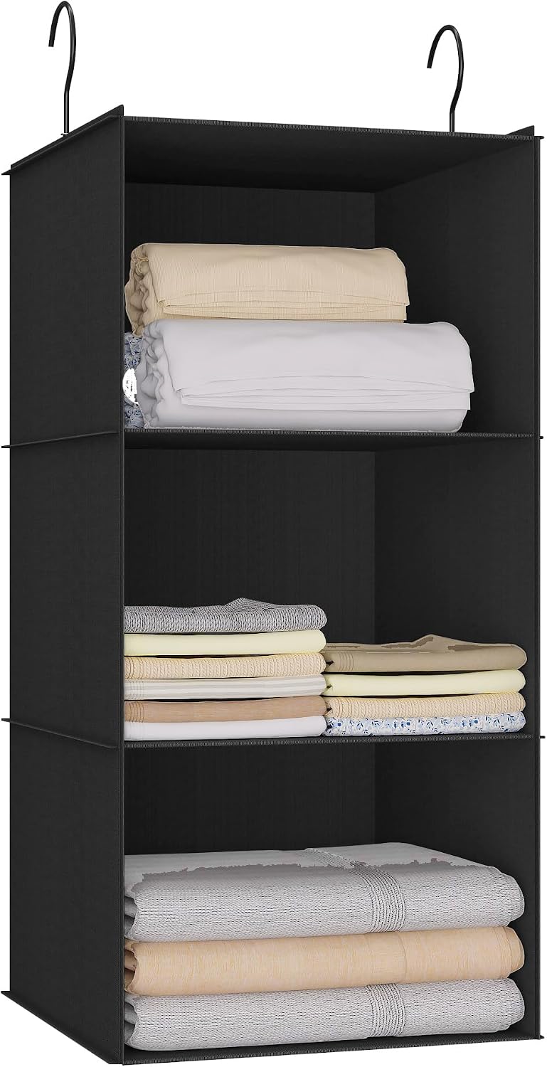Hanging Closet Organizer 3-Shelf, Oxford Fabric Wardrobe Storage, Gray | Easy-mount foldable design holds clothes, handbags, shoes & accessories; washable Oxford fabric, sturdy and space-saving.