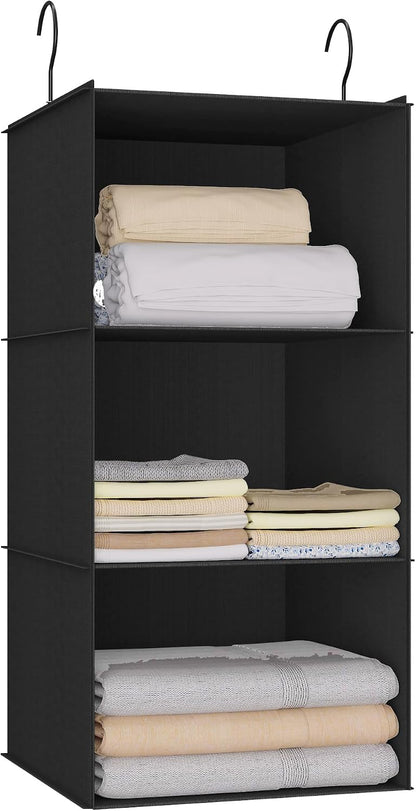 Hanging Closet Organizer 3-Shelf, Oxford Fabric Wardrobe Storage, Gray | Easy-mount foldable design holds clothes, handbags, shoes & accessories; washable Oxford fabric, sturdy and space-saving.