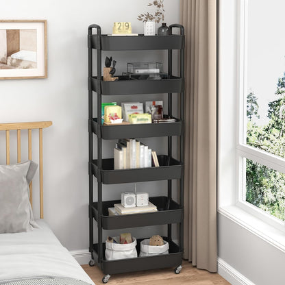 Sywhitta 4-Tier Plastic Rolling Utility Cart with Handle, Multi-Functional Storage Trolley for Office, Living Room, Kitchen, Movable Storage Organizer with Wheels, Black