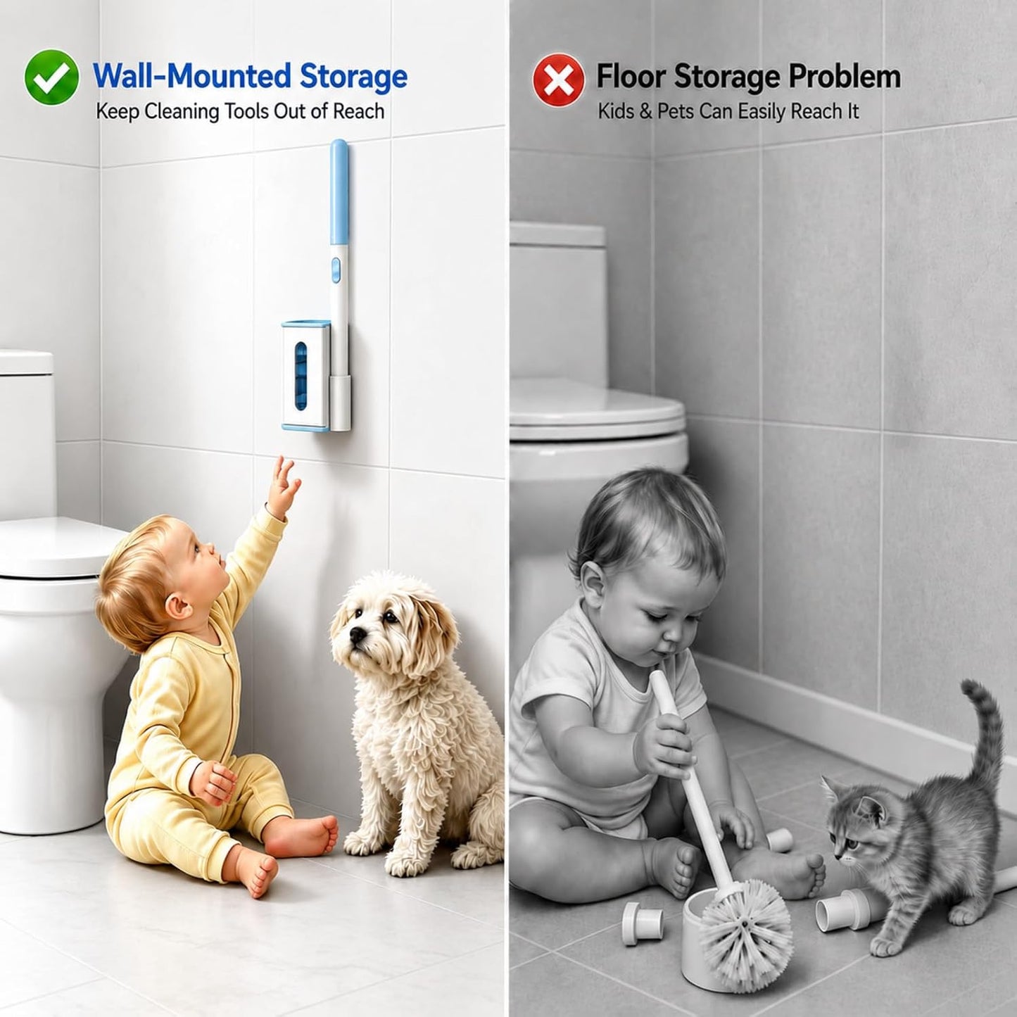 RV Toilet Brush, RV Accessories, Wall Mount Toilet Brush, 64 Toilet Refills | Hands Free Toilet Brush, One-Button Release, RV Toilet Brush and Holder Set, Compact Design, Camper Bathroom Accessories