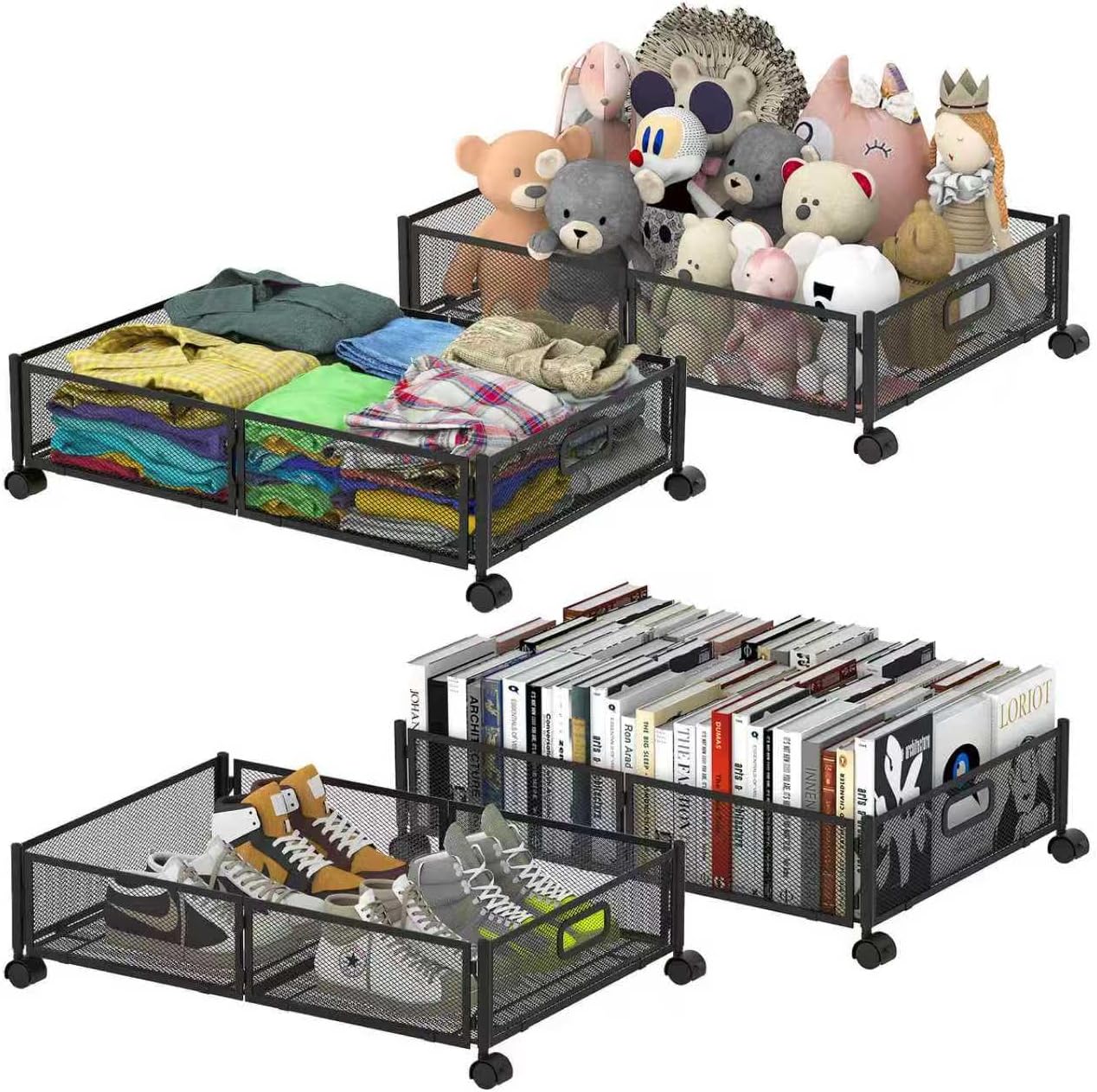 Under Bed Storage Containers,2 Pack Foldable Underbed Storage Containers with Handles and Wheels,Folding Bed Shoes Clothes Organizer,Easy Assembly Underbed Storage for Toy ,Bedding,Bedroom(Black)