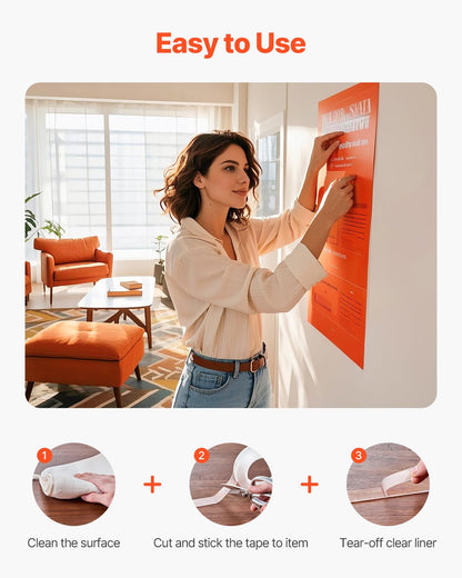 VEVOR Double Sided Tape Heavy Duty, 16 ft Long Nano Mounting Tape, Strong Adhesive & Reusable, Clear Two Sided Wall Tape, Removable Poster Picture Hanging Strips for Home, Office, Car, Outdoor Use