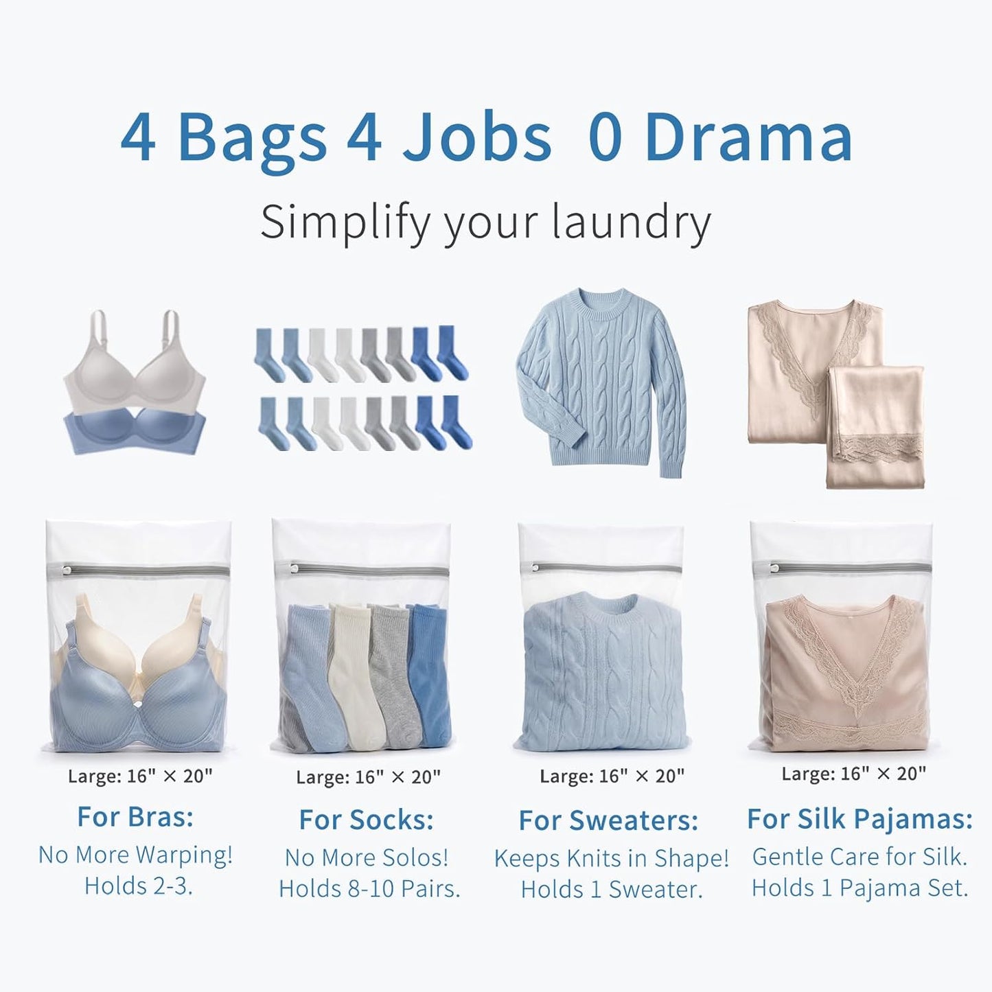 Muchfun 4Pcs Durable Fine Mesh Laundry Bags for Delicates 16 x 20 Inches | (4 Large)