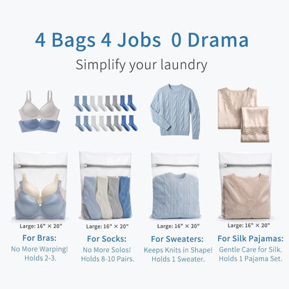 Muchfun 4Pcs Durable Fine Mesh Laundry Bags for Delicates 16 x 20 Inches | (4 Large)