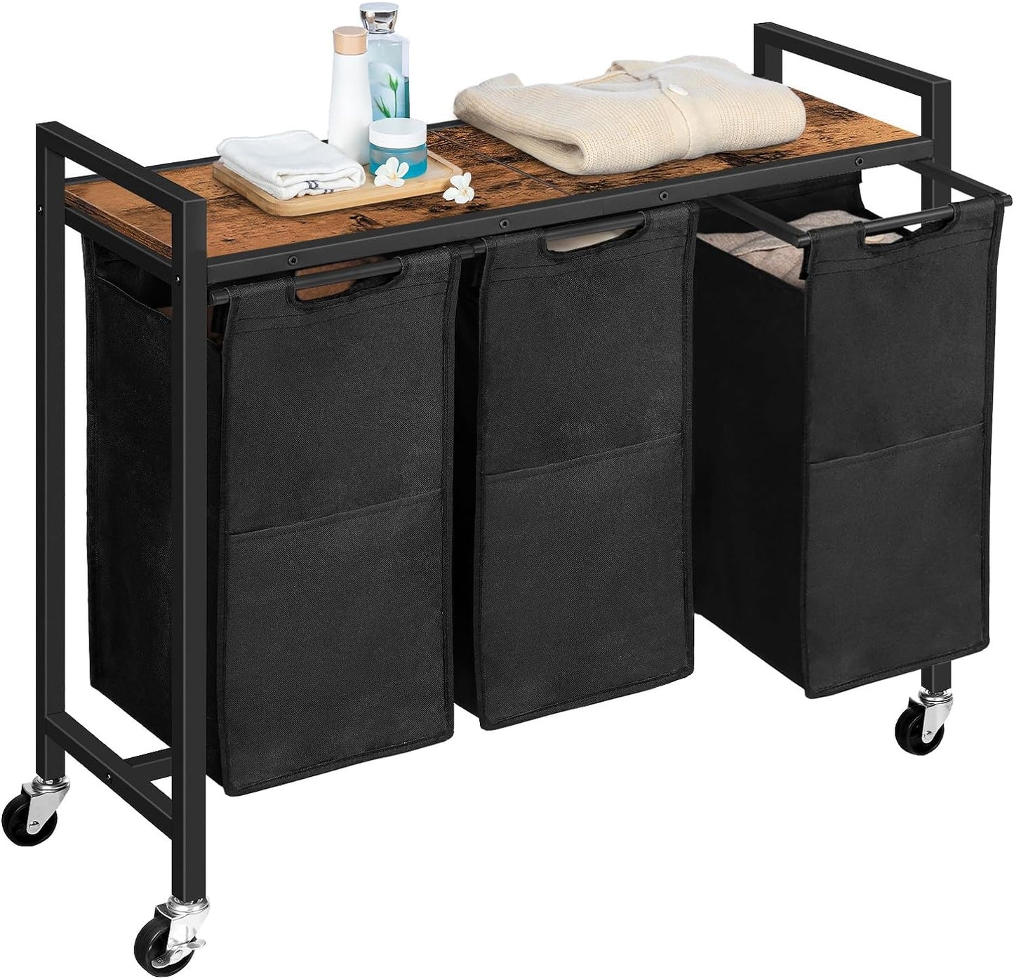 HOOBRO Laundry Sorter 3 Section, Laundry Hamper with Wheels, 3 × 11.5 Gal (43.5 L), Rolling Laundry Basket, Pull-Out and Removable Oxford Fabric Laundry Bags, Rustic Brown and Black BF76XY01