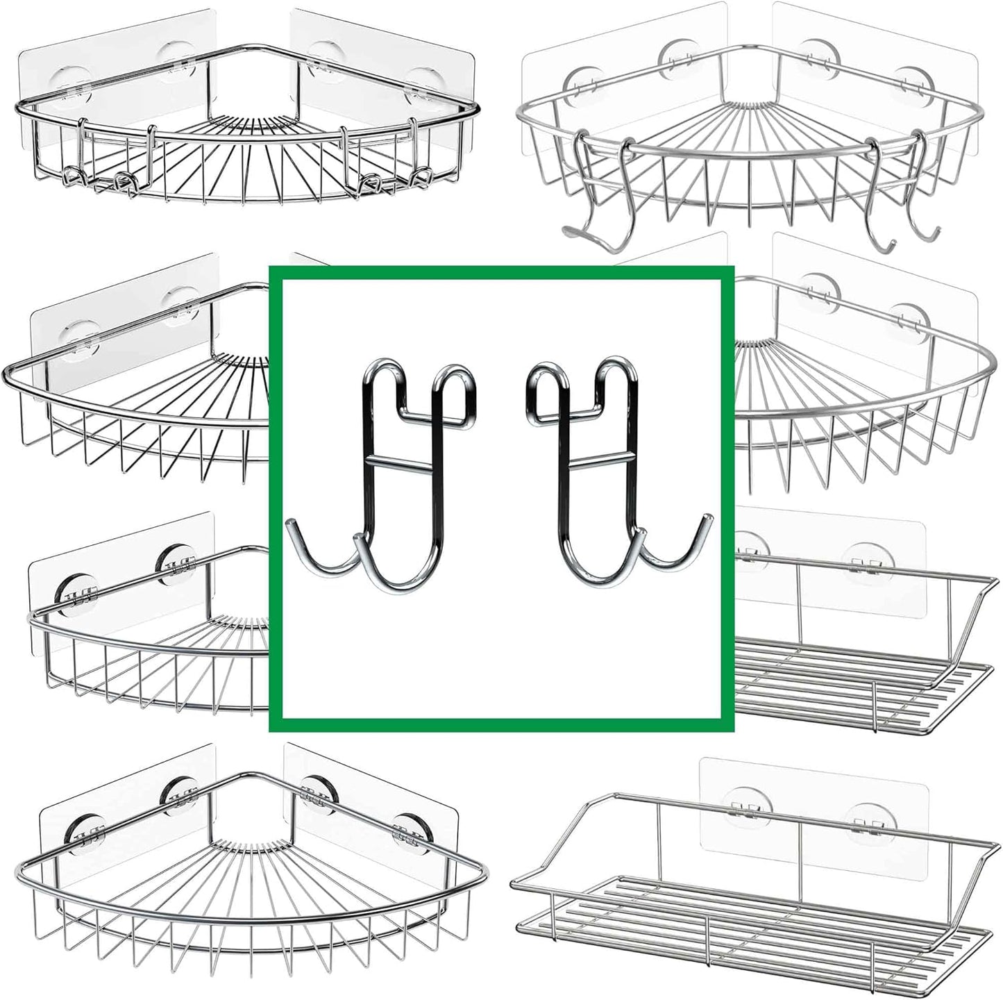 Shower Caddy With Hooks - Razor Holder and Loofah Hanger 2 Pack Silver