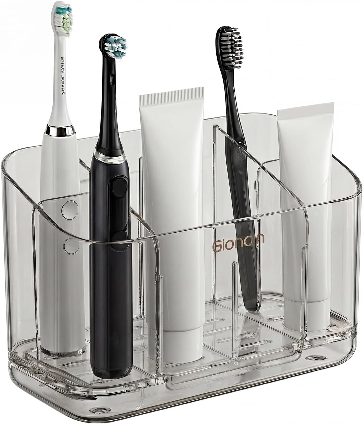 Toothbrush Holder for Bathroom Wall Mounted, 5 Slots Acrylic Toothbrush and Toothpaste Organizer Removable Dividers, Large Capacity Electric Toothbrush Holder for Family Bathroom Accessories, Clear