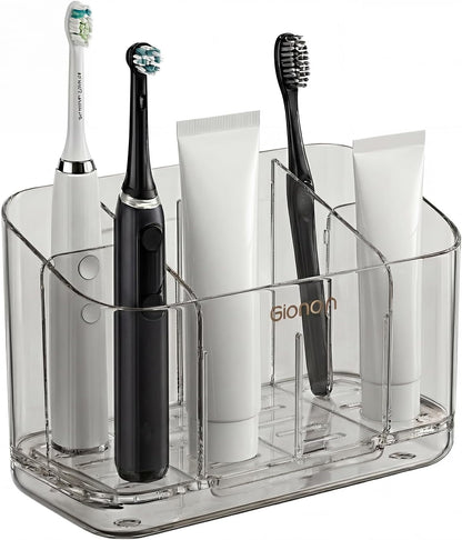 Toothbrush Holder for Bathroom Wall Mounted, 5 Slots Acrylic Toothbrush and Toothpaste Organizer Removable Dividers, Large Capacity Electric Toothbrush Holder for Family Bathroom Accessories, Clear