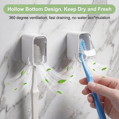 2PCS Toothbrush Wall Mount for Shower Clear Self Adhesive Toothbrush Holder Hanging Innovation Single Slot Design Wall Hanging Toothbrush-Holder with Cover for Bathroom Family Travel