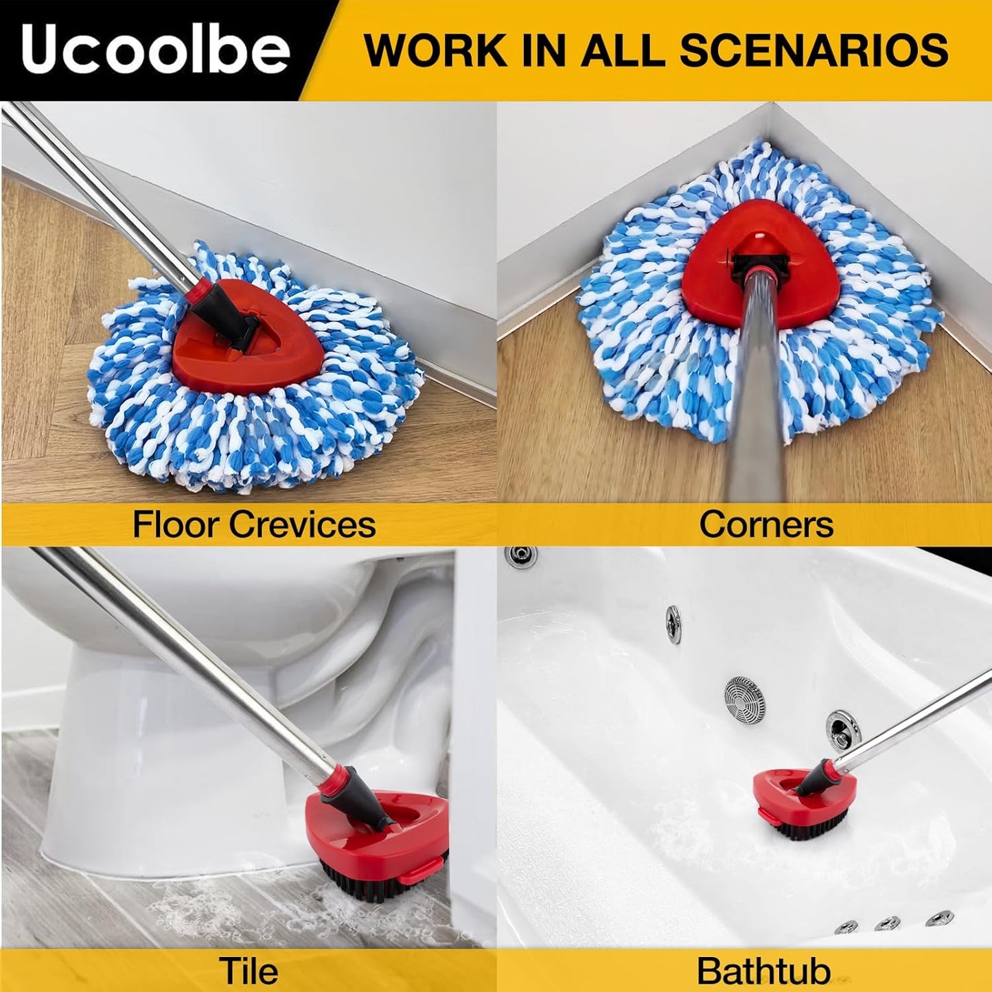 Spin Mop Replacement Head for O Cedar 2 Tank RinseClean, 4 Microfiber mop Refill, 1 Scrub Brush, 1 Mop Stick, 1 Mops Base, Deep Cleaning, 30" to 58" Mop Handle Replacement