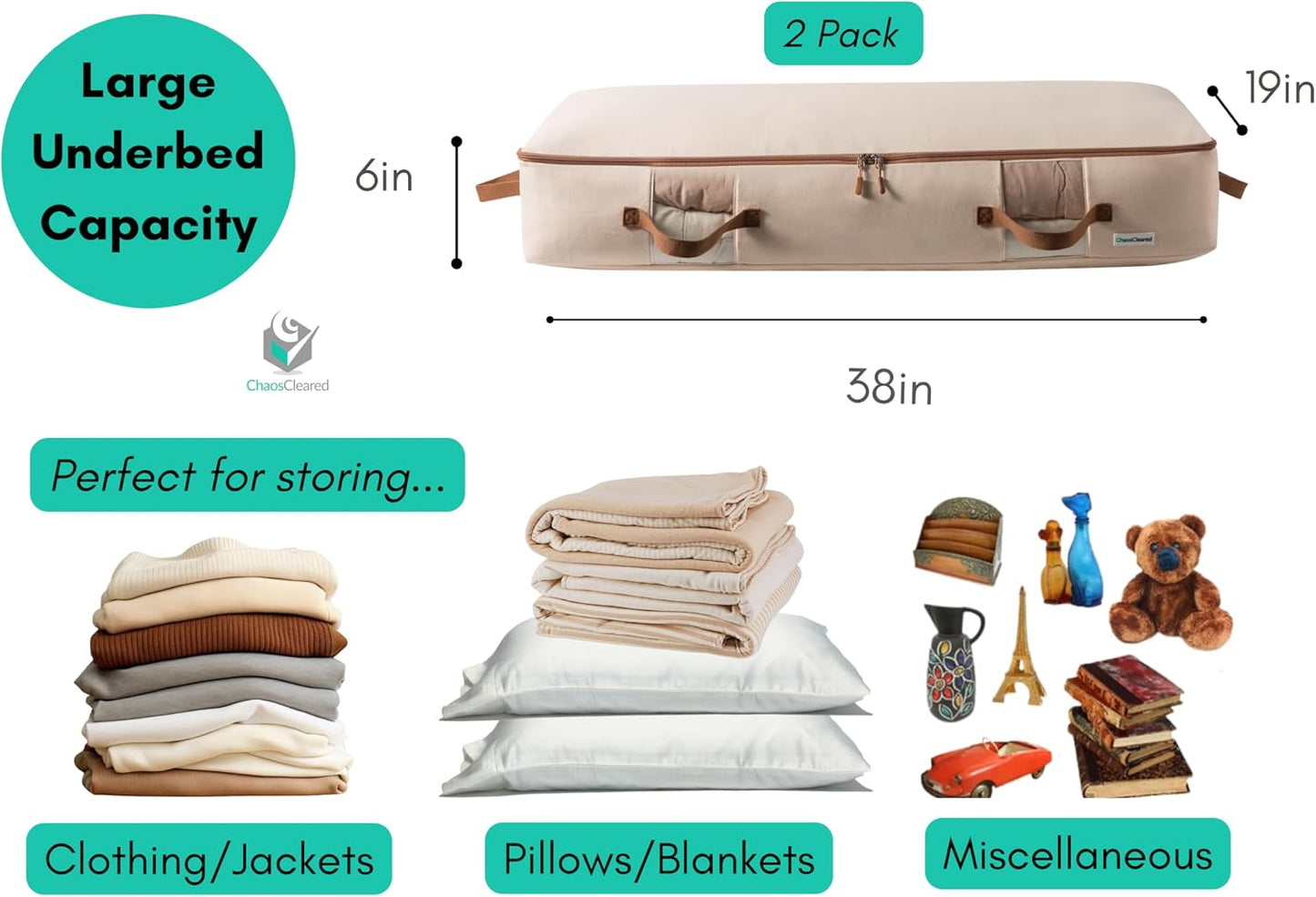 Chaos Cleared Canvas Storage Bags Designer Organizer for Comforters 2 Pack – Seasonal Storage for Pillows, Blankets, Linens & Garments – Foldable Design with Zip & Window, Moth-Proof Space Saver