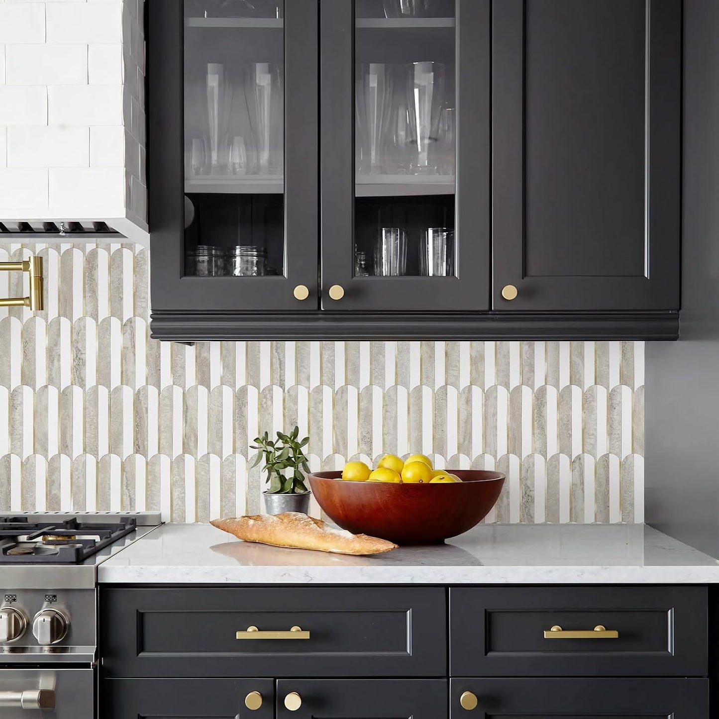 Vamos Peel and Stick Backsplash Seamless Tile for Kitchen and Bathroom,White and Beige Slate PVC Mixed Light Gold Self Adhesive Fish Scale Metal Mosaic Tiles (10 Sheets)