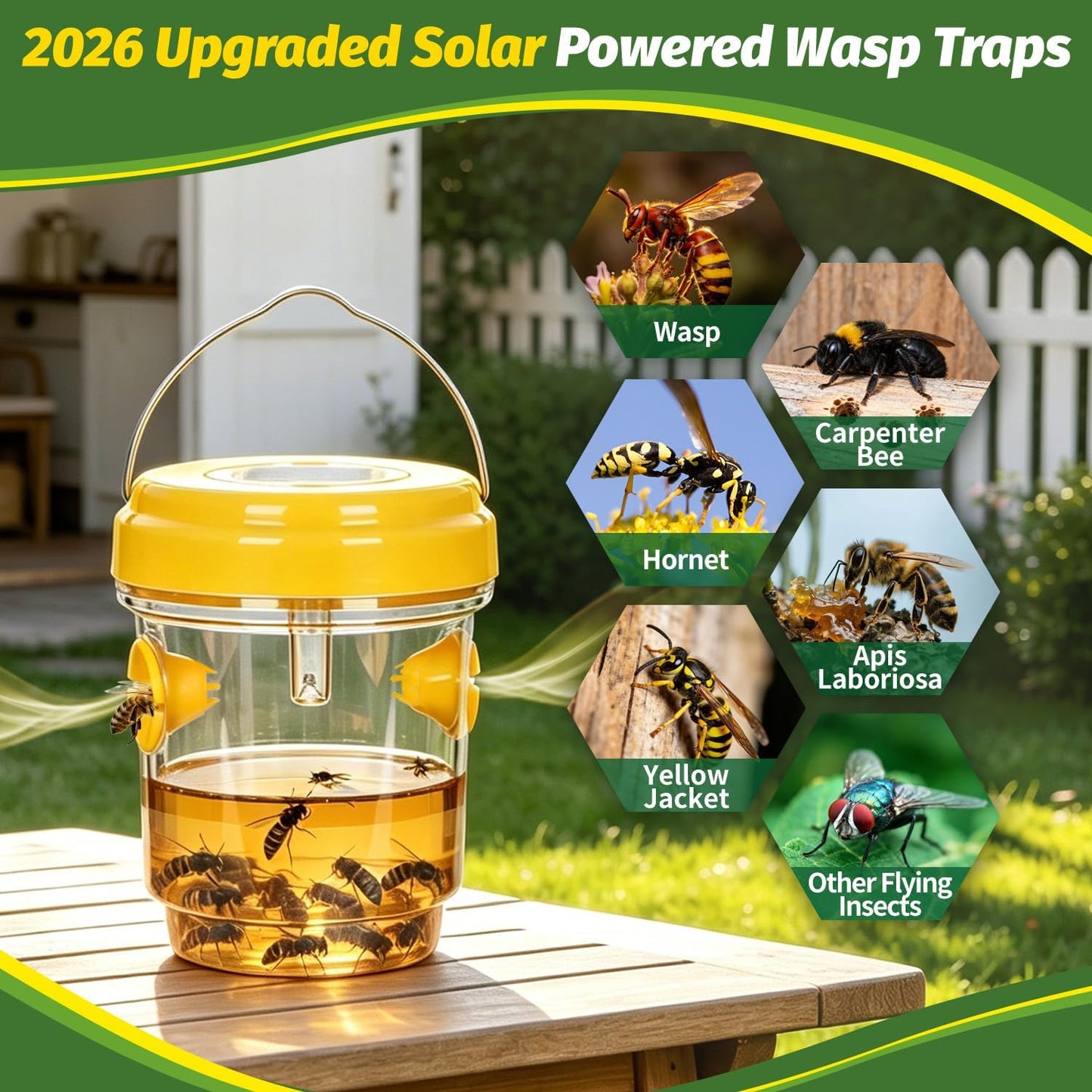 4 Pack Solar Wasp Traps Day & Night, 8-Hour All-Night Battery Life, Reusable Collector for Wasps, Hornets, Yellow Jackets, Insects, with LED Light for Patio Porch Garden Backyard (Bait NOT Included)