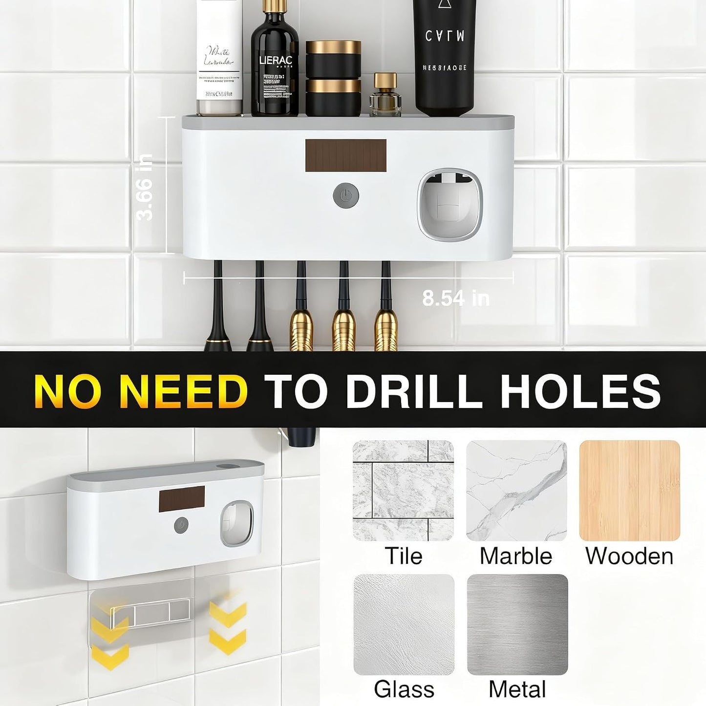 Toothbrush Holders for Bathrooms, Toothbrush Holder Wall Mounted with Toothpaste Dispenser, Rechargeable Cordless Wall Mounted Tooth Brushing Holder