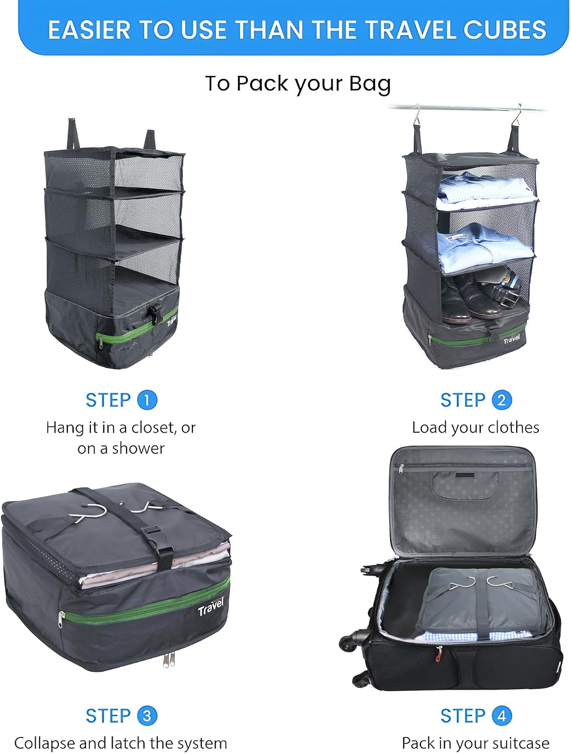 Grand Fusion Stow-N-Go Hanging Travel Shelves, Packing Organizer for Luggage. Carry on Closet for Suitcase. Expandable Packing Cube. Travel Essentials. (Black - L, L = (L) 11.8" x (W) 11.8")