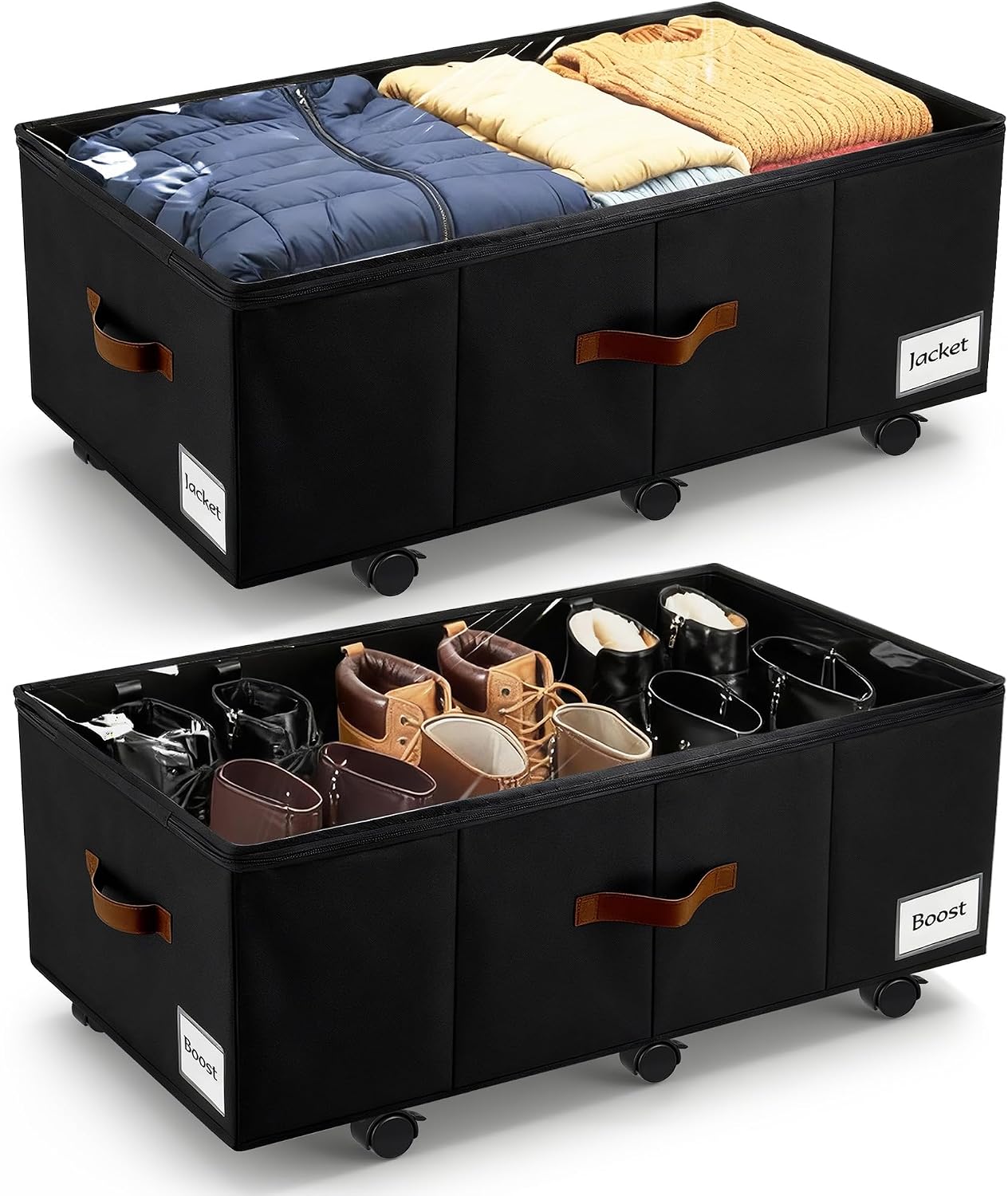 Under Bed Storage with Wheels,Underbed Storage with Sturdy Sidewalls/Bottom, Clear Cover, Label and PU Handle, Rolling Under Bed Drawers for Clothes, Shoes, 6.5 Inch Height,Black, 2 Pack