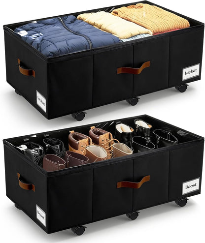 Under Bed Storage with Wheels,Underbed Storage with Sturdy Sidewalls/Bottom, Clear Cover, Label and PU Handle, Rolling Under Bed Drawers for Clothes, Shoes, 6.5 Inch Height,Black, 2 Pack