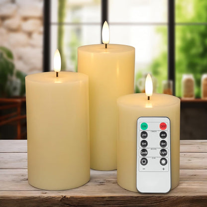 White Flameless Pillar Candles, Battery Operated Wax Candles with Remote, Flat Top Flickering Flameless Candles, LED Candle for Home, Wedding, Party Decor, Set of 3, Φ 3" H 4" 5" 6"