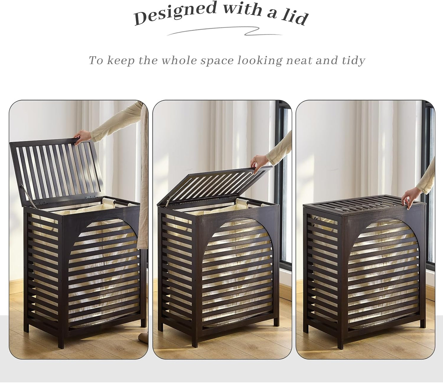 Laundry Hamper with Lid, Bamboo Clothes Laundry Basket with Handles, Removable 2-Section Liner bag, Hampers for Bedroom Aesthetic, Large Storage for Bath Towel, Sheets or Toys, Home (Natural)