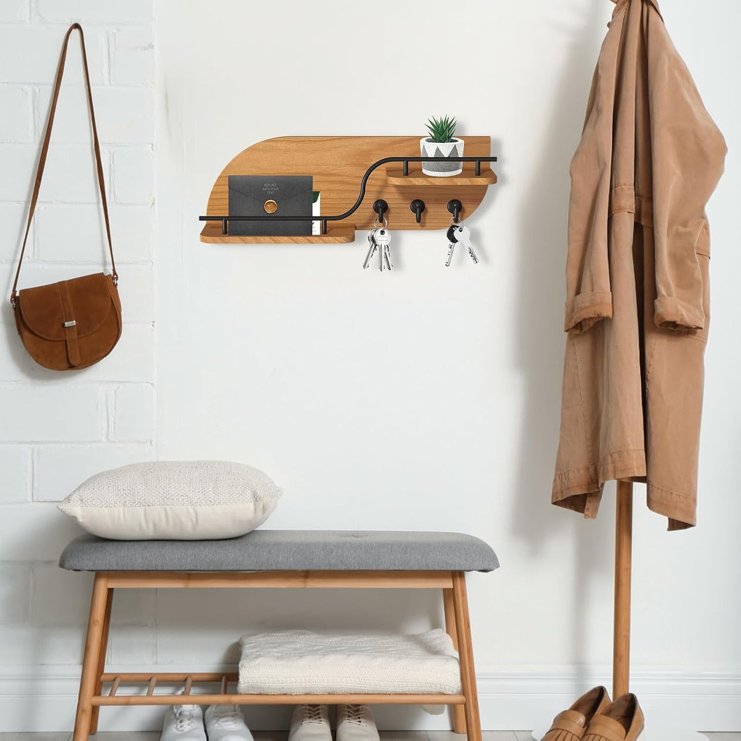 Key Holder for Wall, Decorative Key and Mail Organizer with 6 Sturdy Metal Hooks and Floating Shelf, 14 Inches Wood Wall Mounted Key Rack for Entryway, White and Gold