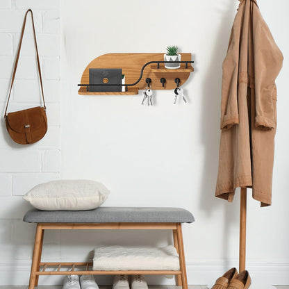 Key Holder for Wall, Decorative Key and Mail Organizer with 6 Sturdy Metal Hooks and Floating Shelf, 14 Inches Wood Wall Mounted Key Rack for Entryway, White and Gold