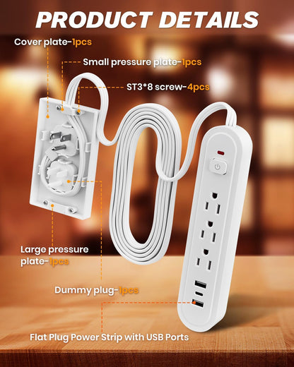 Saker Outlet Concealer Power Strip | 5ft Flat Plug Extension Cord with 3 Outlets,1625W | Universal Size Outlet Cover Baby Proofing | Cover Extension Cord for Kitchen, Home and Office