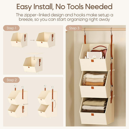 Homsorout Hanging Closet Organizer 4 Tier - Clothes Hanging Shelves, Space-Saving Closet System, Fabric Storage Bins Bedroom Organization, Collapsible Baskets for Home, Dorm, Rv, Beige