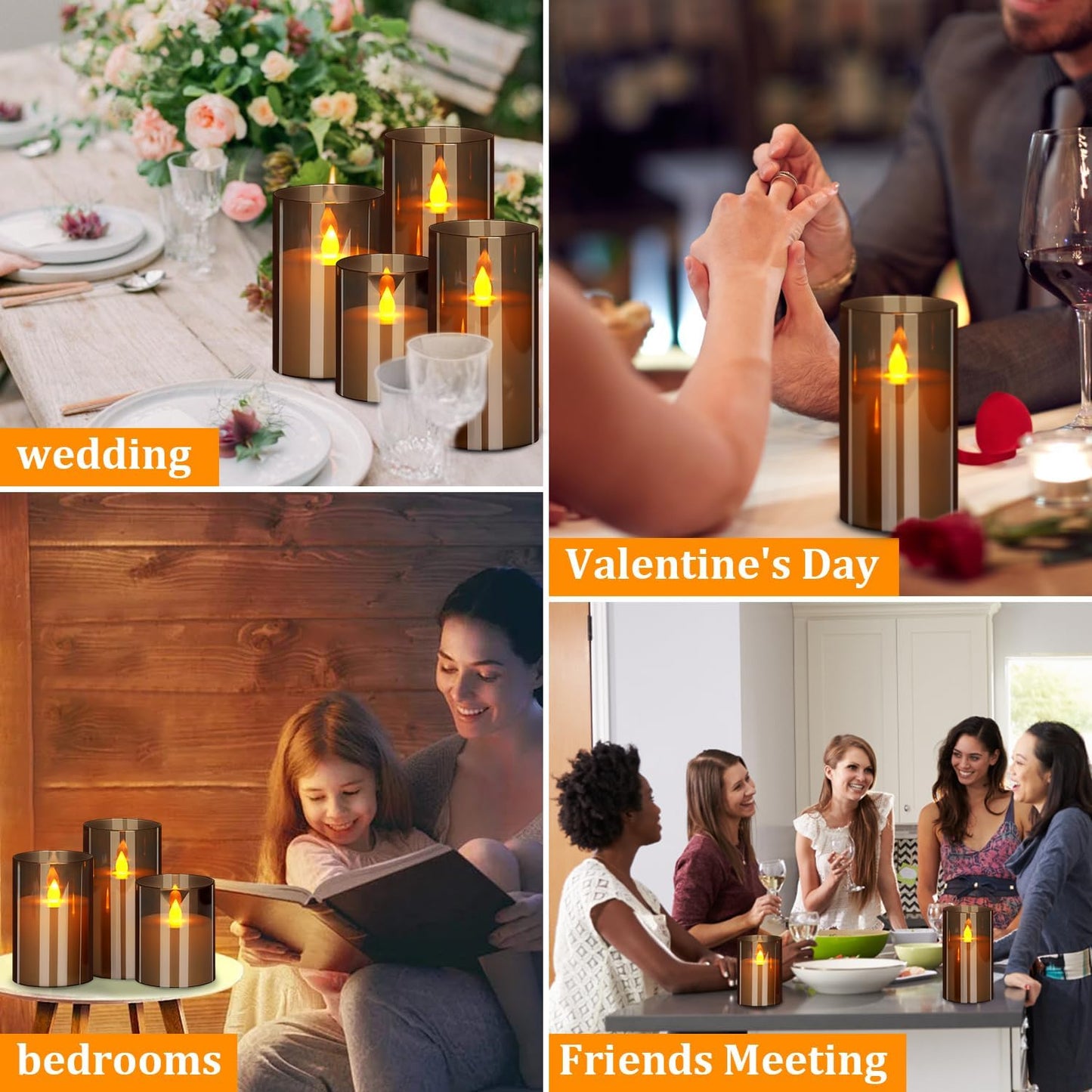 wemarry Flameless Candles 4" 5" 6" Acrylic Glass Pillars 3" Diameter Battery Operated Flickering Candles Include 8-Key Remote with Timer Function 400+ Hours (Amber, Warm Light 3 Pack)