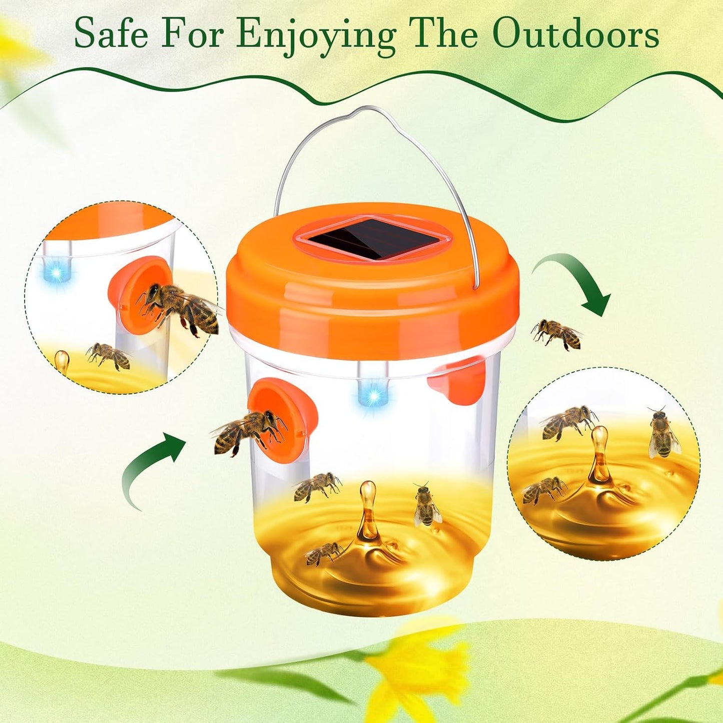 Wasp Trap Solar Powered Bee Trap Reusable Fly Traps Outdoor Hanging Wasp Killer with UV LED Light Flying Insects Bee Killer for Indoor Outside Patio Garden Home (6, Yellow)