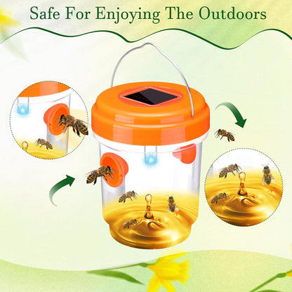 Wasp Trap Solar Powered Bee Trap Reusable Fly Traps Outdoor Hanging Wasp Killer with UV LED Light Flying Insects Bee Killer for Indoor Outside Patio Garden Home (6, Yellow)